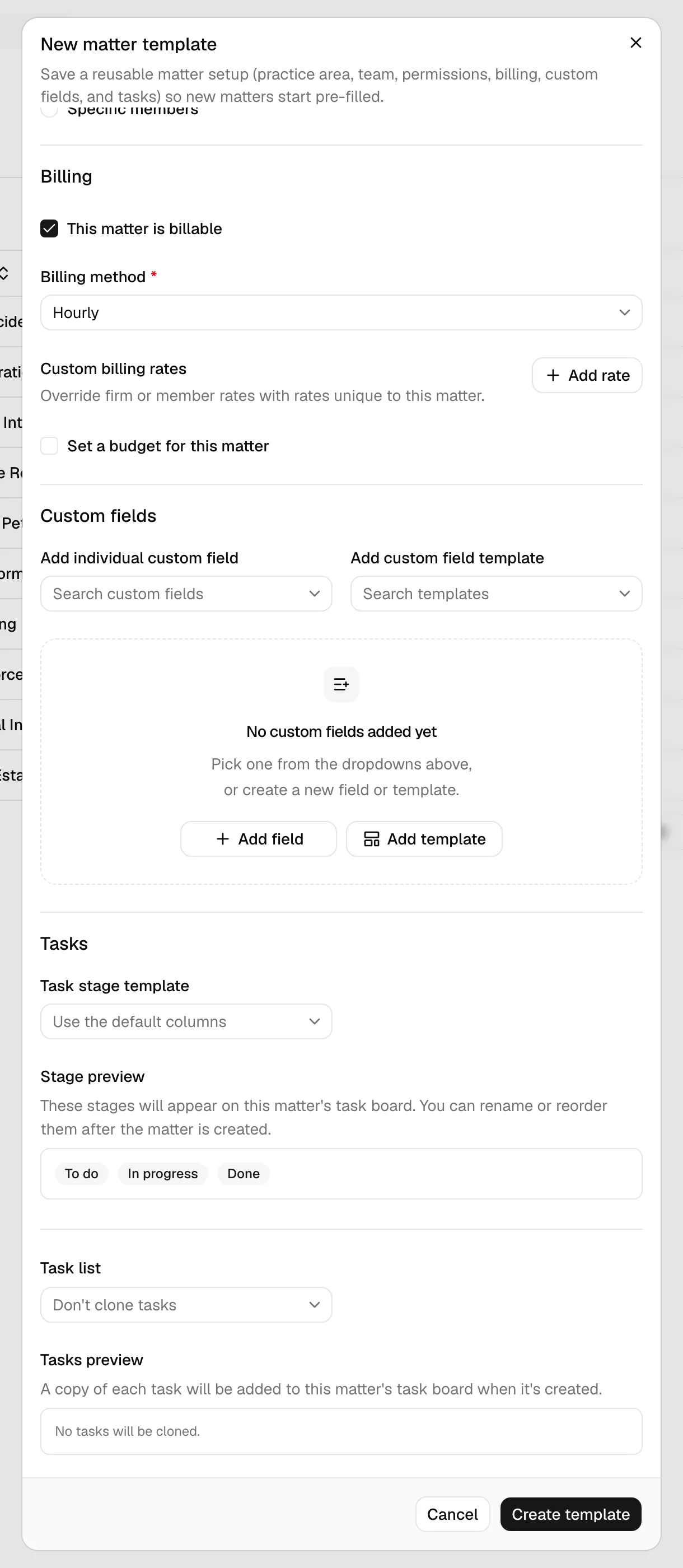 The lower half of the dialog showing the Billing, Custom fields, and Tasks sections, with the Create template button highlighted.