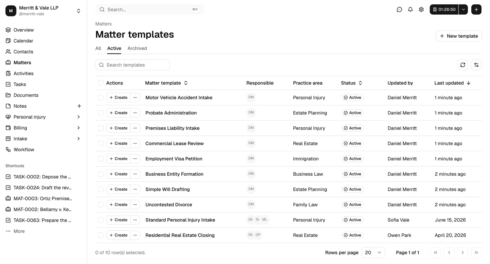 The Matter templates page with the New template button highlighted in the top-right corner.