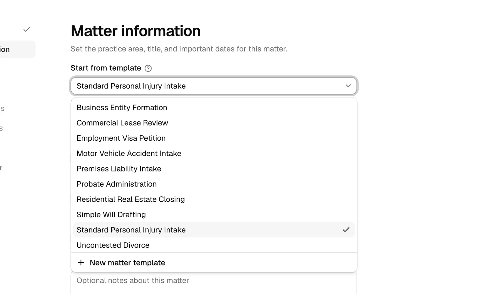 The Matter information step of the new-matter wizard with the Start from template dropdown open and a template selected.