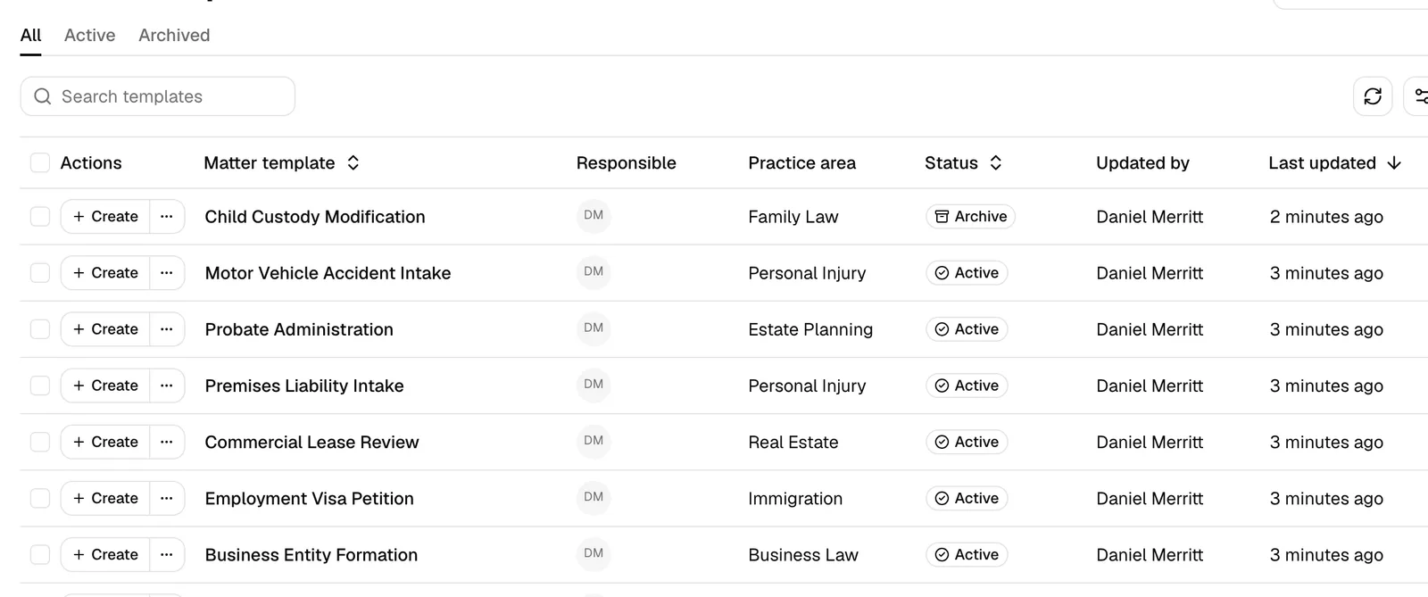 The Matter templates table showing the All / Active / Archived status tabs and the Status column with Active and Archived badges.