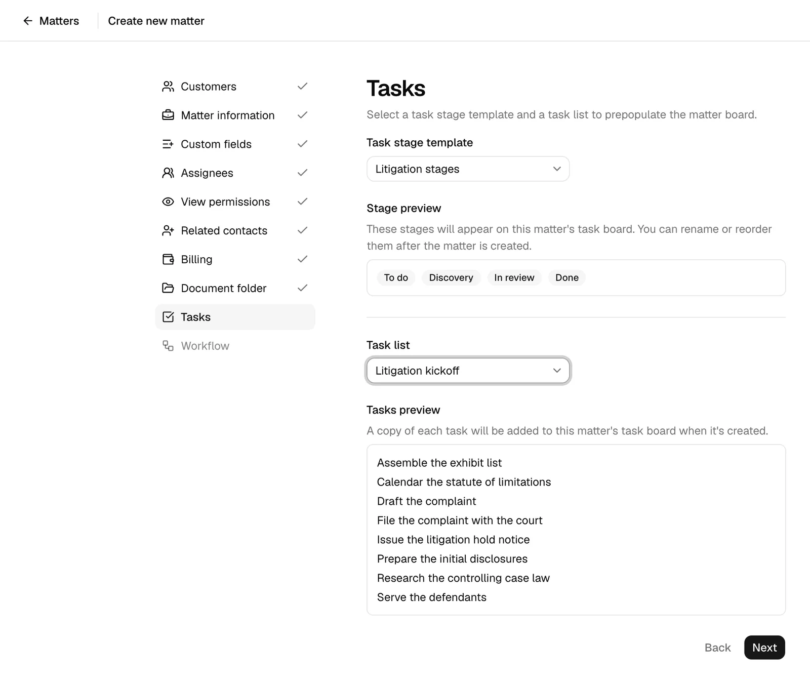 The Tasks step of the matter creation wizard showing the Task stage template dropdown with its Stage preview, and the Task list dropdown with its Tasks preview