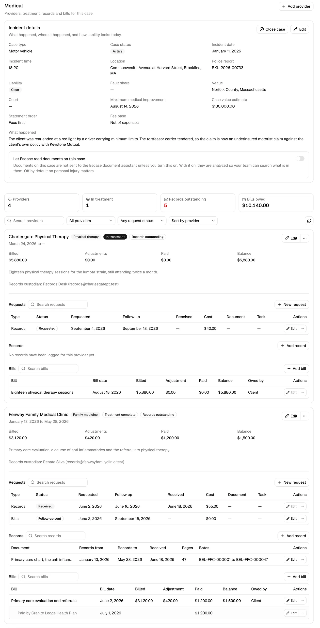 The Medical tab with the incident details card at the top, the four stat cards below it, and two provider cards underneath.