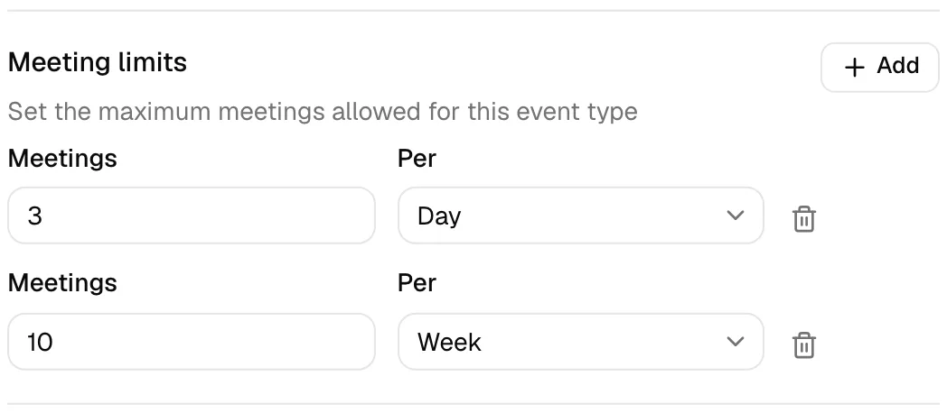 The Meeting limits section with two rows, for example "3 per Day" and "10 per Week," and the Add button (disabled once three limits exist).