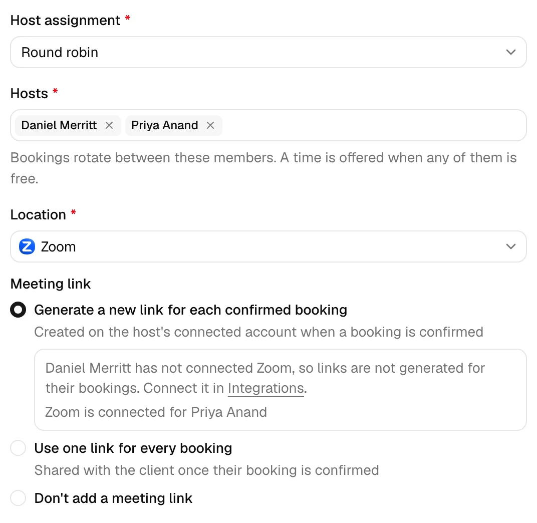 The Meeting link choice for a Zoom event type with two round robin hosts, set to generate a new link, with a note under that option saying one host has not connected Zoom and Zoom is connected for the other.