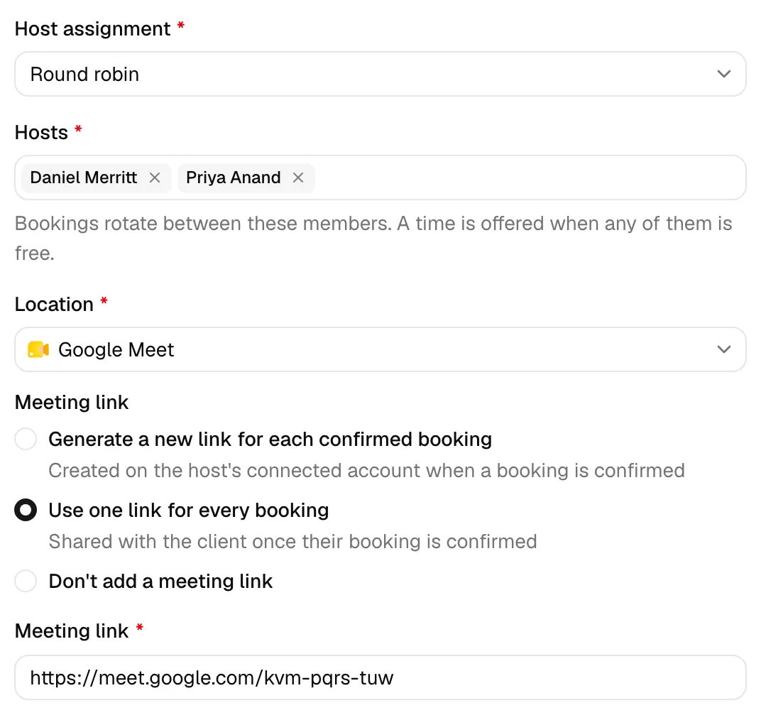 The Meeting link choice for a Google Meet event type set to Use one link for every booking, with the Meeting link field filled in with the firm's Google Meet address.