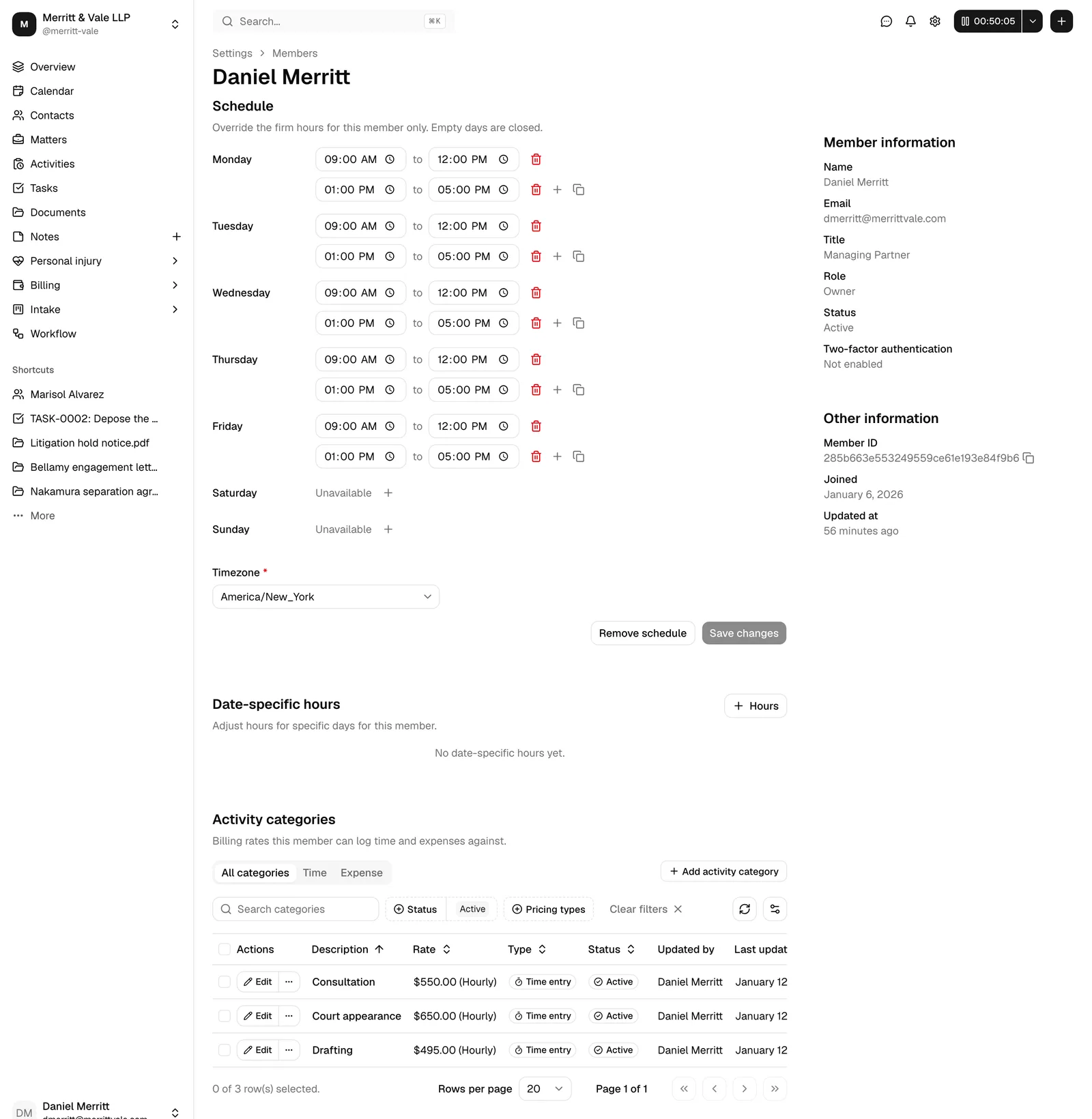A member detail page with the Member information sidebar on the right (Name, Email, Role, Status) and the Schedule and Activity categories sections in the main