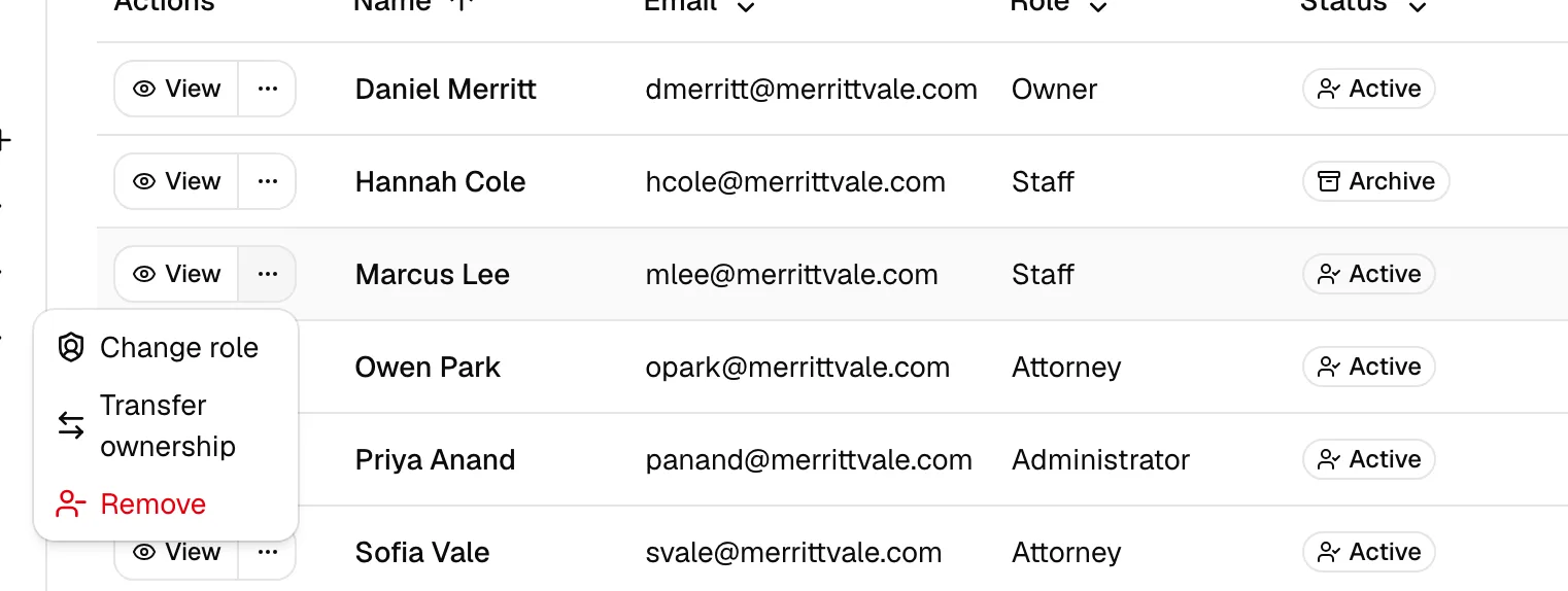 A member row's "more actions" menu open, showing Change role and either Remove (for active members) or Restore (for removed ones).