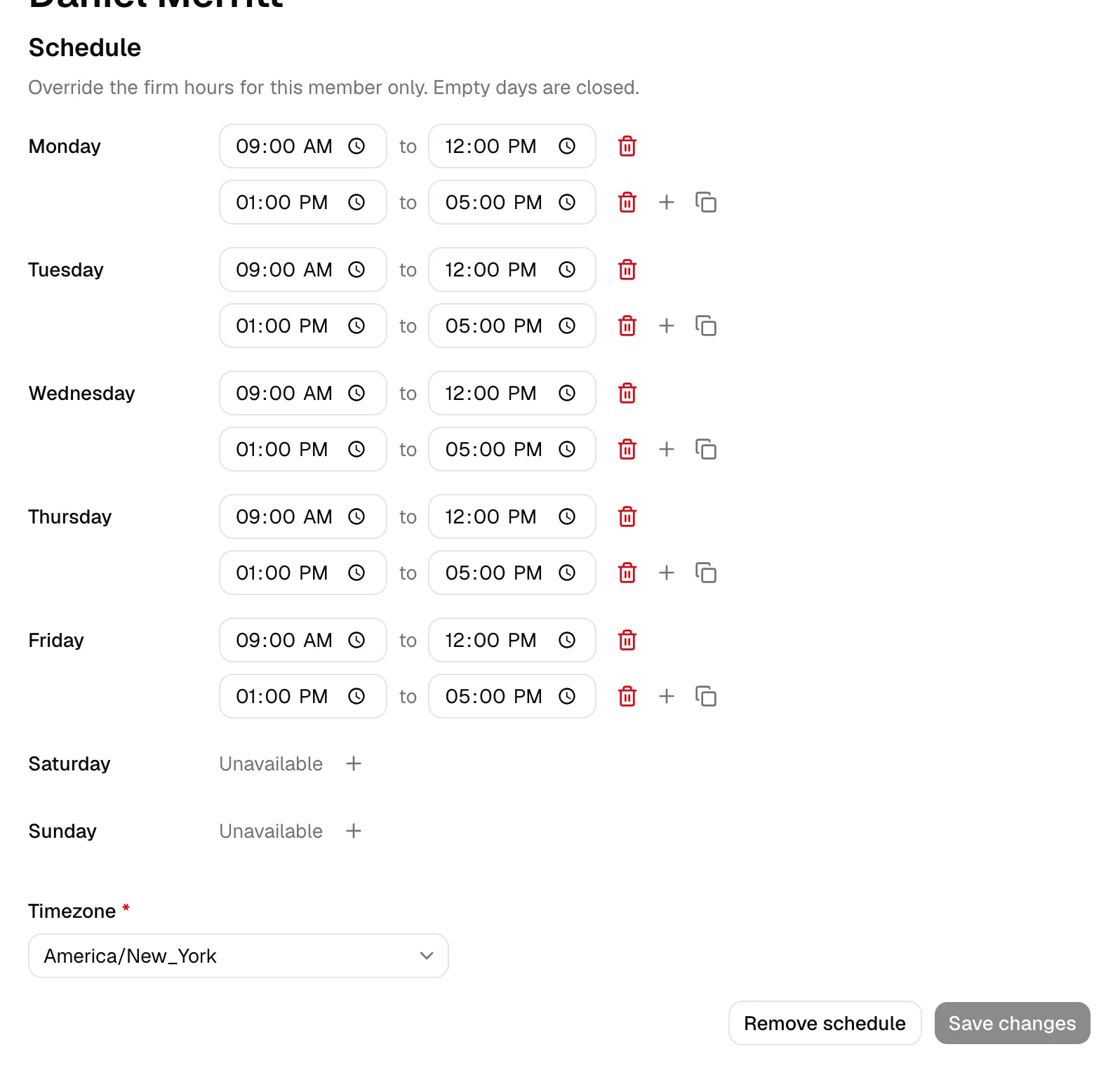 The member detail Schedule section showing the weekday rows with time slots, the Timezone dropdown, and the Save changes and Remove schedule buttons.