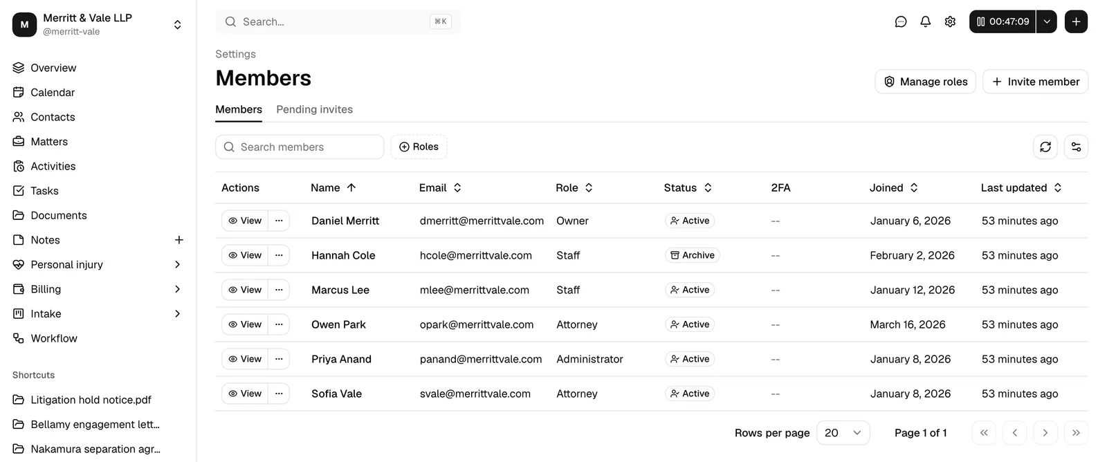 The Settings > Members page showing the page heading Members, the Manage roles and Invite member buttons in the top right, and the Members / Pending invites