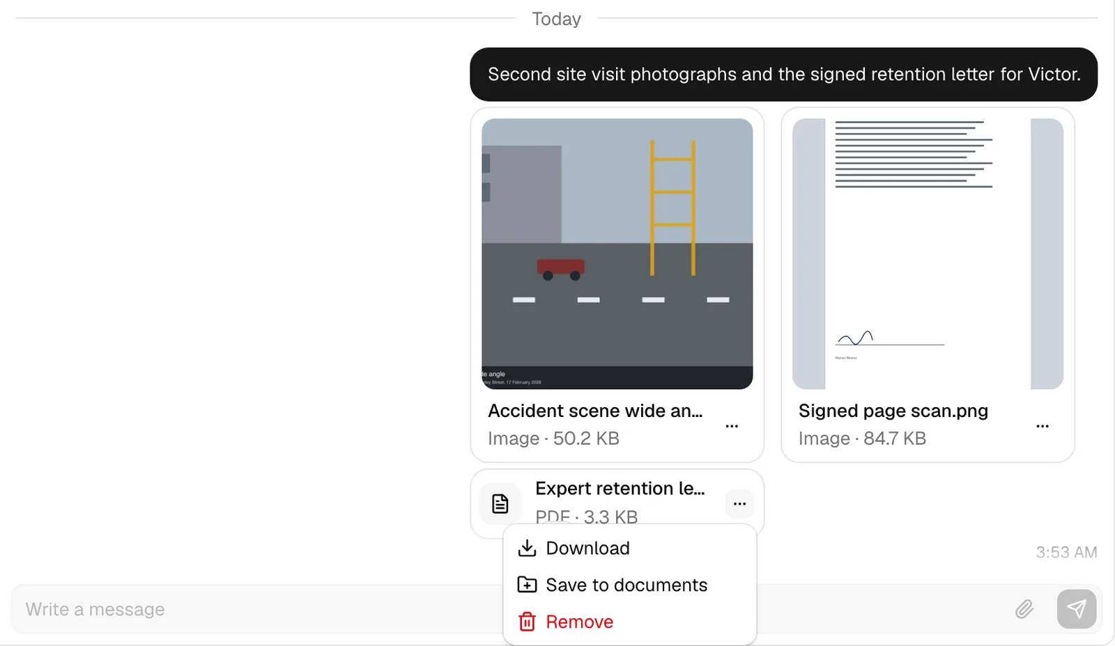 A received message with two picture cards showing their images side by side, and below them a PDF row with the "..." menu open showing Download, Save to