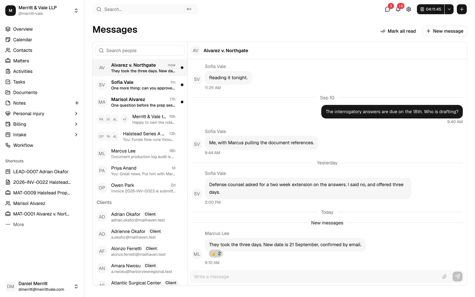 The full Messages page with the conversation list on the left and an open conversation showing its message history on the right.