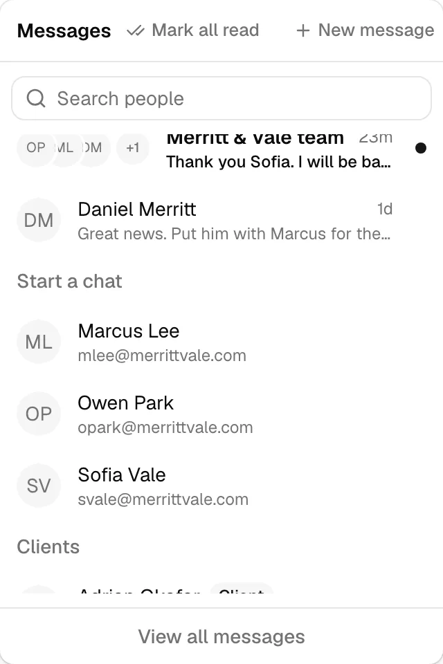 The Messages dropdown open from the header, showing the Mark all read and New message buttons, the Search people box, a list of recent conversations, and the