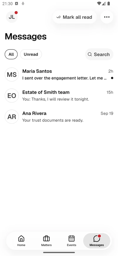 The Messages tab in the Esqase Client app, showing Mark all read and the button with three dots at the top, and the list of conversations with the firm, with the latest message and time on each row.