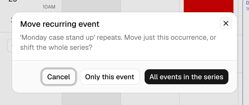 The Move recurring event dialog with the Only this event and All events in the series buttons.