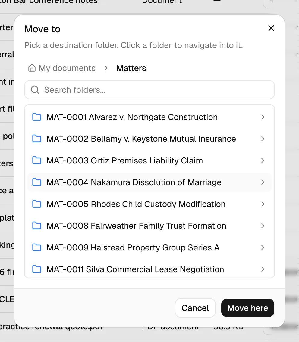 The Move to dialog showing the folder breadcrumb trail and a list of destination folders.