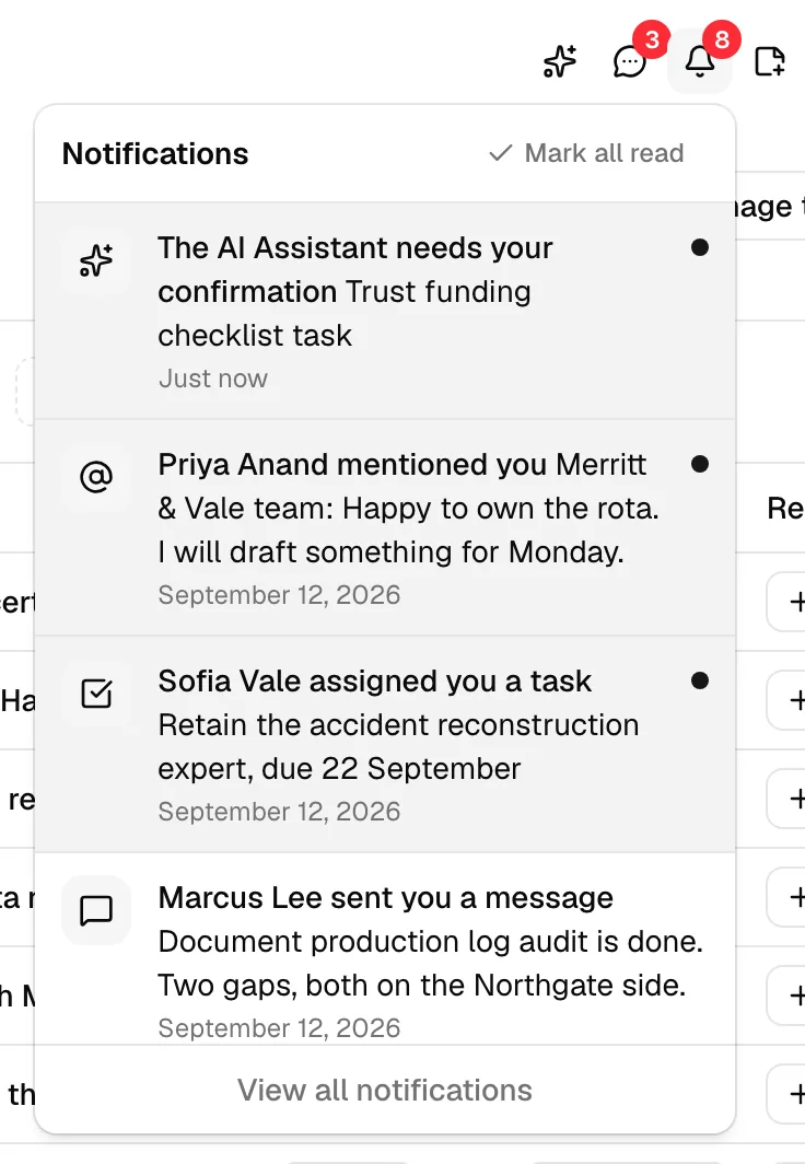 The notifications bell open, with The AI Assistant needs your confirmation and the conversation's name at the top of the list.