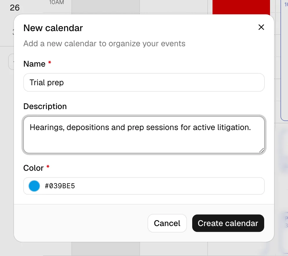 The New calendar dialog showing the Name, Description, and Color fields with the Create calendar button highlighted.