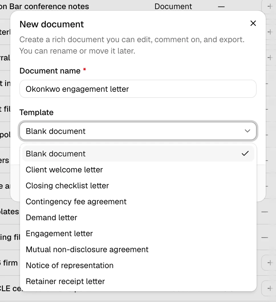 The New document dialog with a Document name filled in and the Template picker open, showing Blank document at the top followed by a list of active templates.