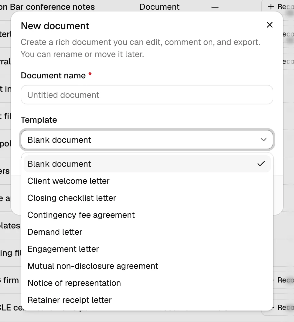 The New document dialog with the Document name field and the Template picker open.