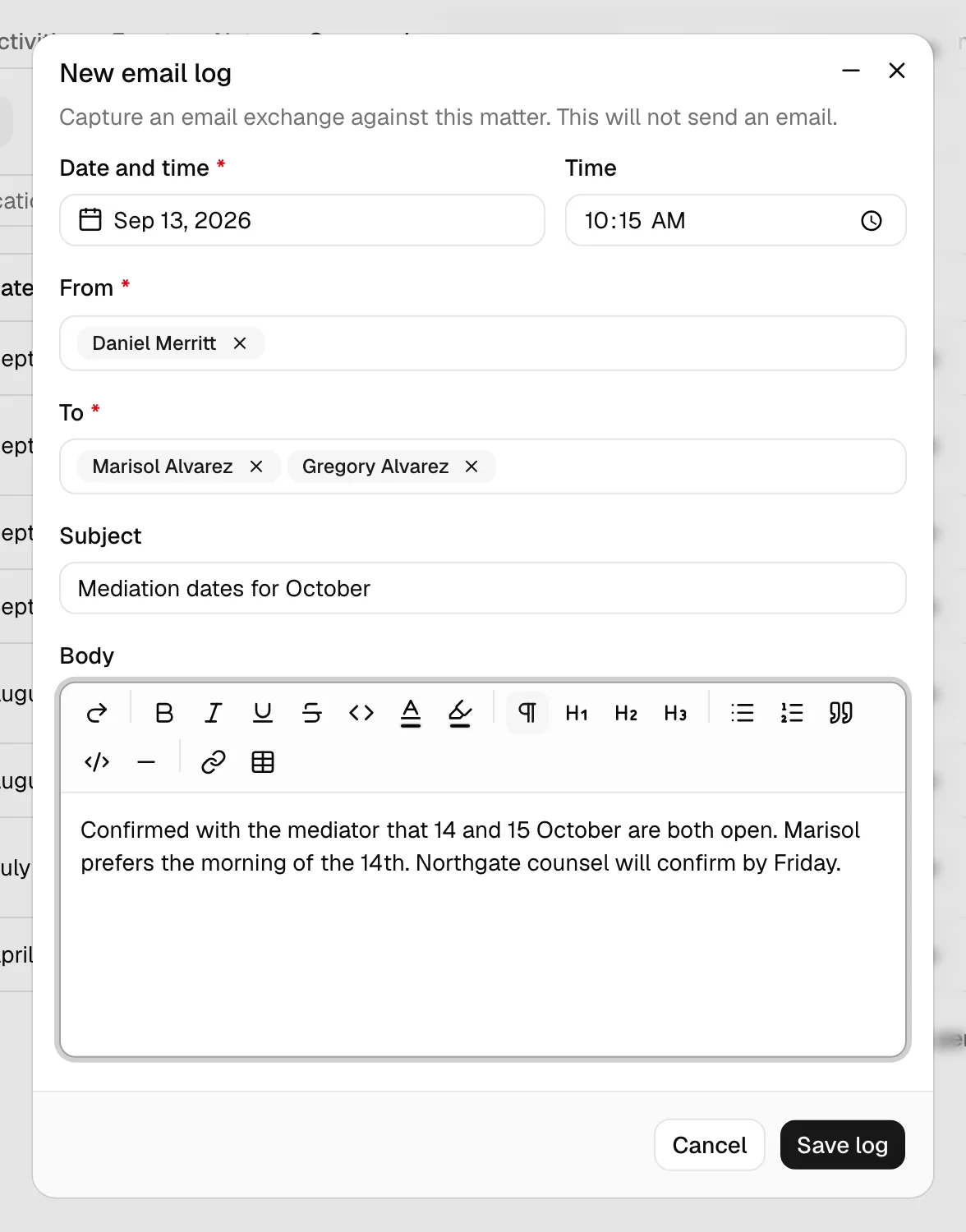 The New email log dialog with Date and time, From, To, Subject, and Body filled in. Highlight the required-field markers on Date and time, From, and To.