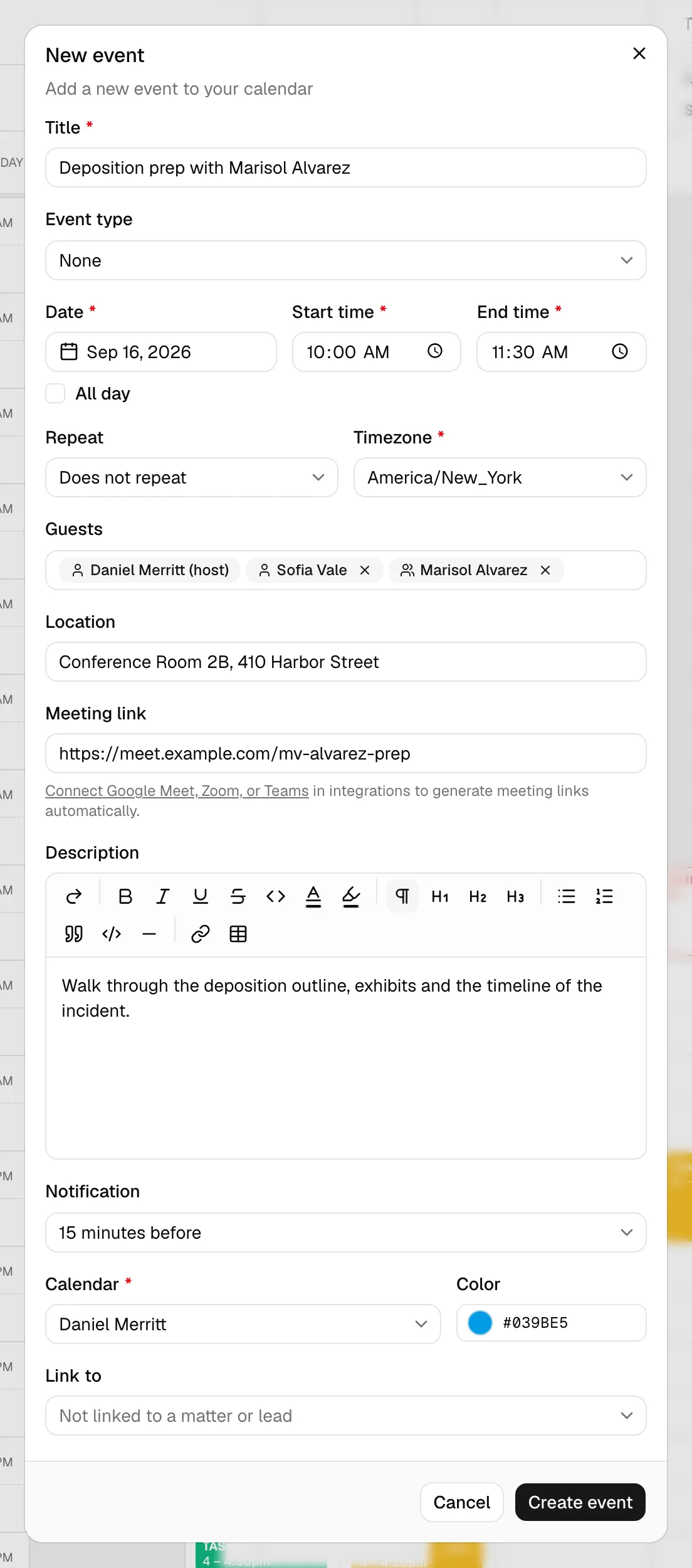 The New event dialog with the Title, Date, Start time / End time, Guests, and Calendar fields visible, and the Create event button at the bottom.