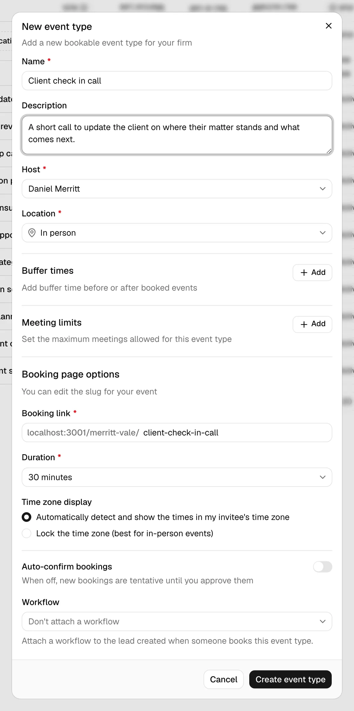 The New event type dialog open, showing the Name, Description, Host, and Location fields near the top, with the Create event type button in the footer.