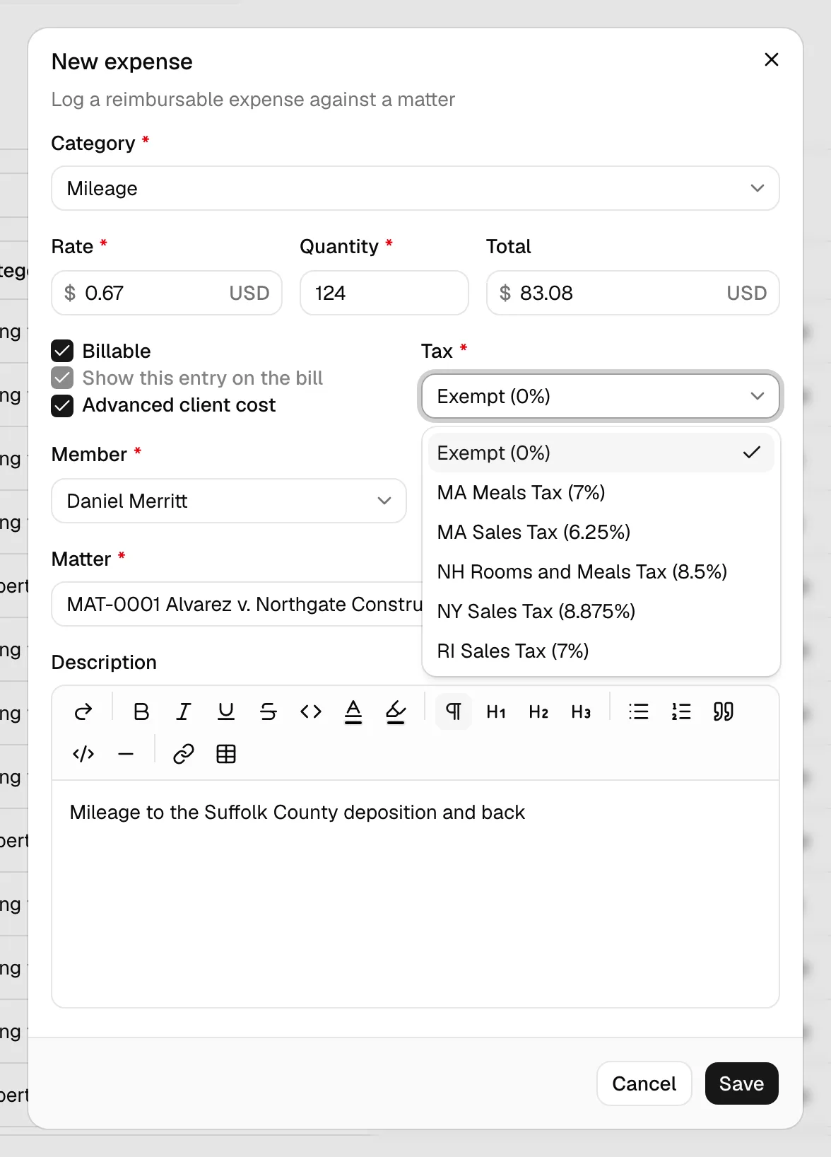 The New expense dialog highlighting the Rate, Quantity, and Total fields plus the Tax picker.