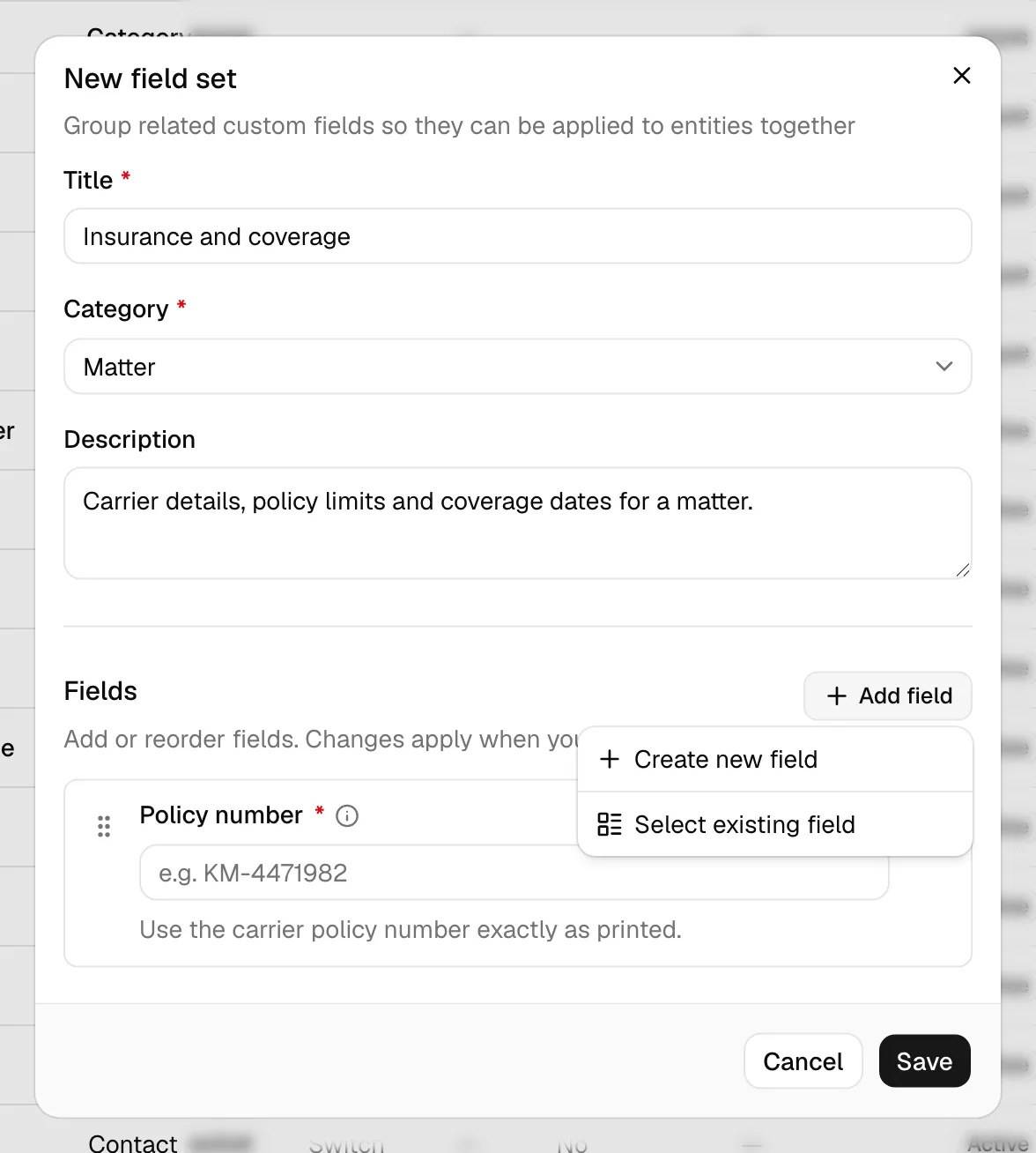 The New field set dialog showing the Title, Category, and Description fields at the top, the Fields section with the Add field dropdown open, and one attached