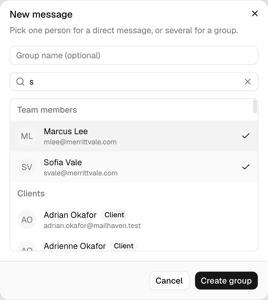The New message dialog showing the optional group name box, the Search people box, a Team members list with two people selected (each with a check mark), a
