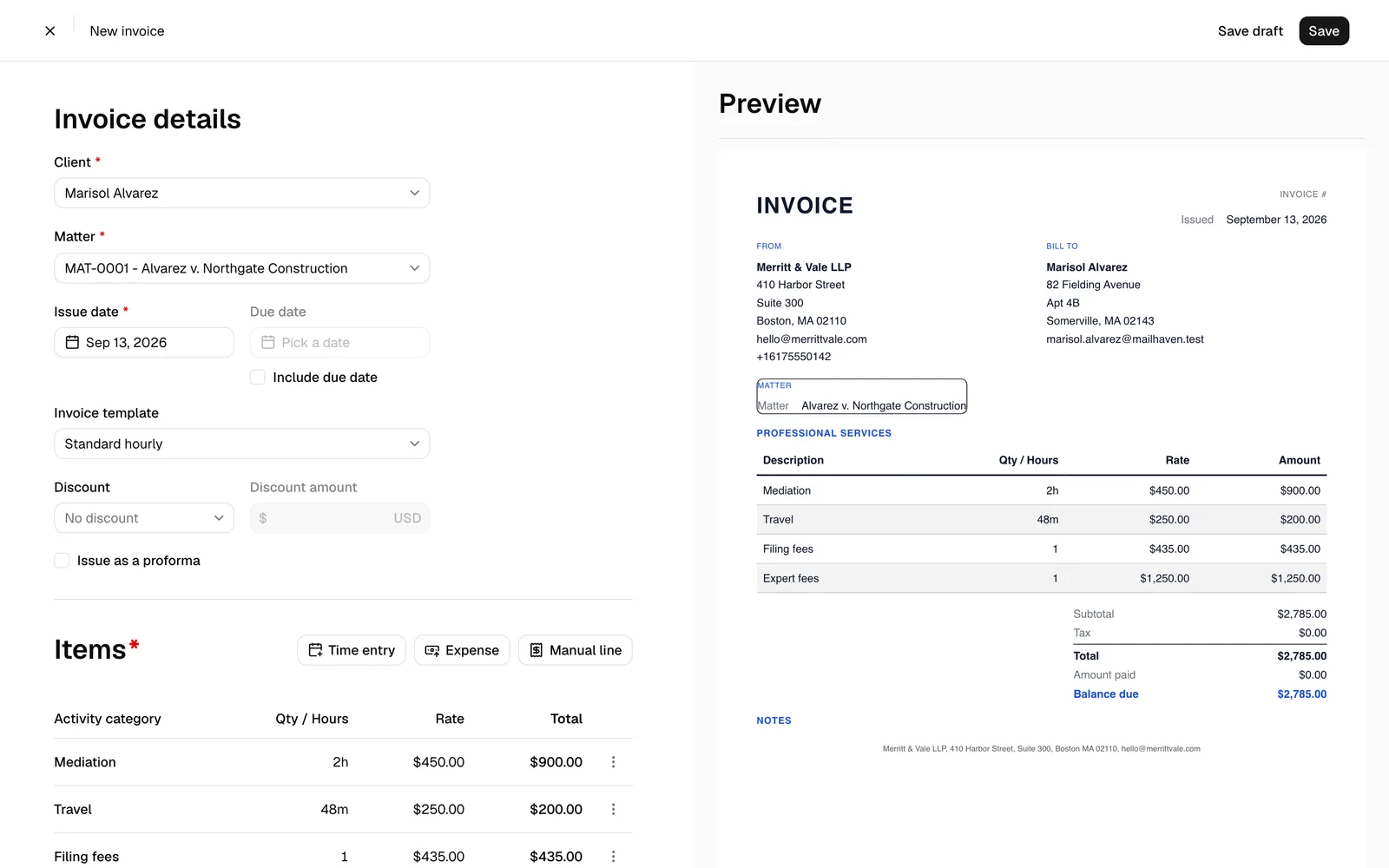 The new-invoice editor with the Invoice details form on the left (Client, Matter, Issue date, Include due date, Invoice template) and the live invoice Preview