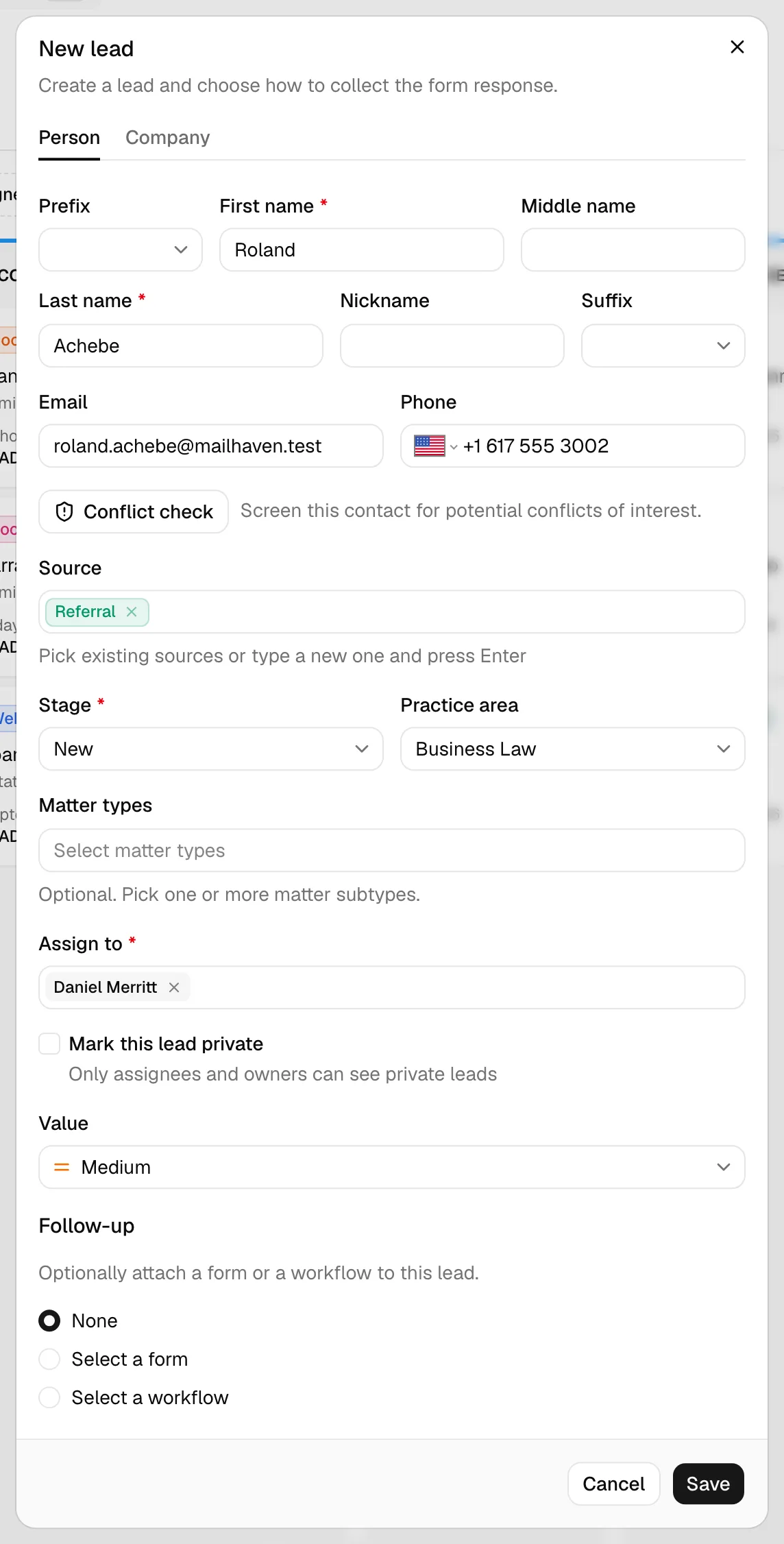 The "New lead" dialog showing the Person/Company tabs, the contact fields, and the Source, Stage, Assign to, and Follow-up sections.