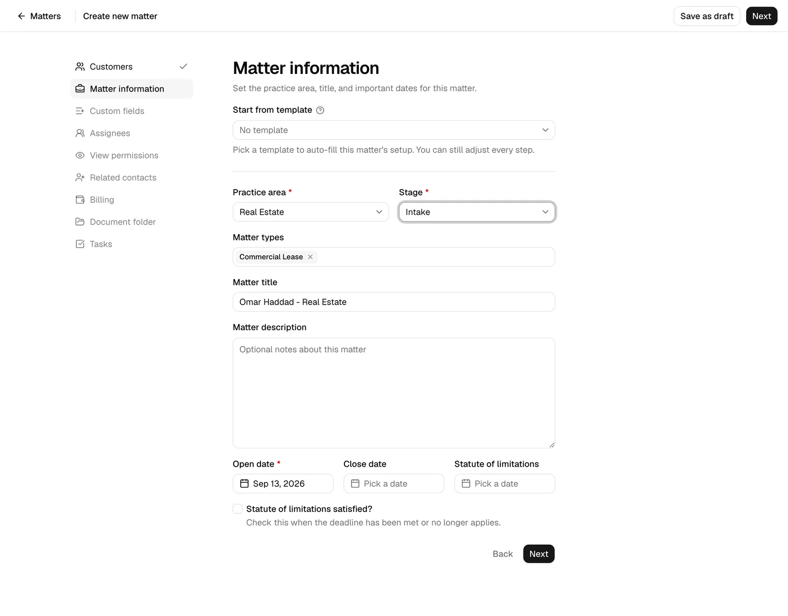 The new-matter form opened from a lead, showing the Customers and Matter information steps pre-filled with the lead's contact, practice area, matter types, and