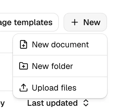 The New dropdown open, showing New document, New folder, and Upload files.