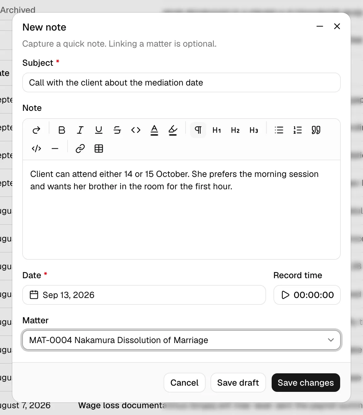 The New note dialog with Subject, the rich-text Note editor, Date, the Record time control, and the Matter picker, plus the Cancel, Save draft, and Save