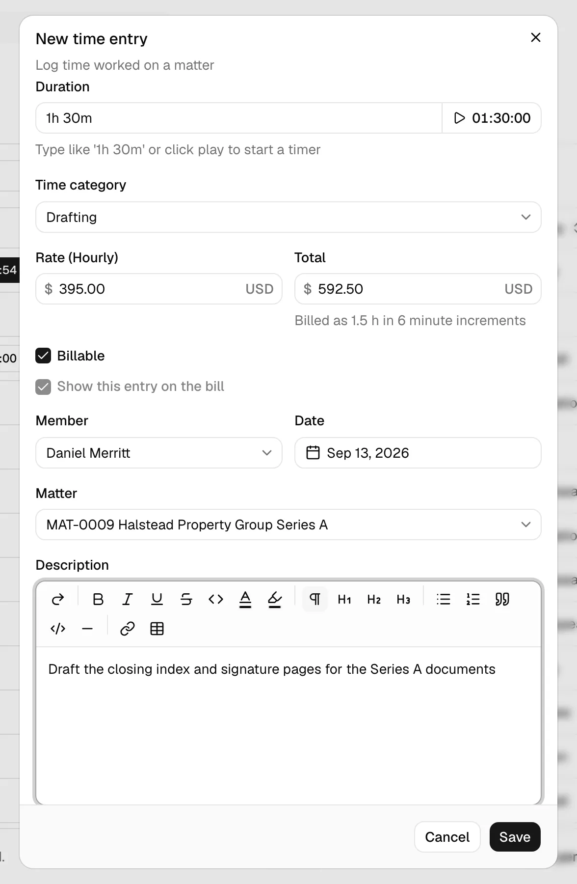 The New time entry dialog with the Duration field, the play button beside it, the Time category combobox open showing Matter/Member/Firm groups, and the