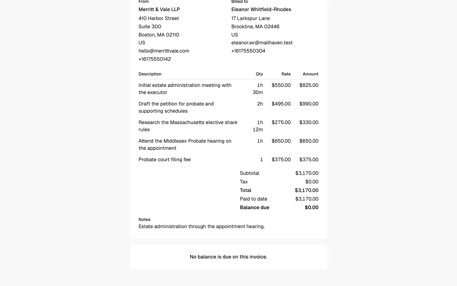 The invoice view showing the "No balance is due on this invoice." message in place of the Pay button.