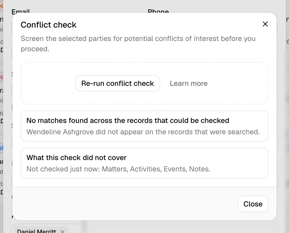 The No matches found confirmation below the conflict-check panel after a clean screen.