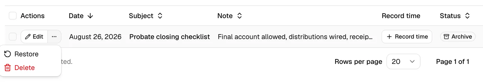 The three-dots More note actions menu open on an archived note row, showing the Restore and Delete options.