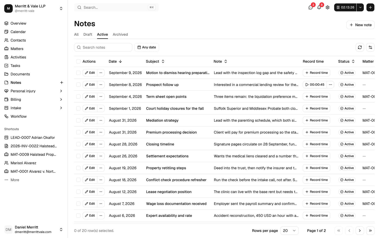 The Notes page with the table showing several notes, the status tabs, the search box, and the New note button in the top right.