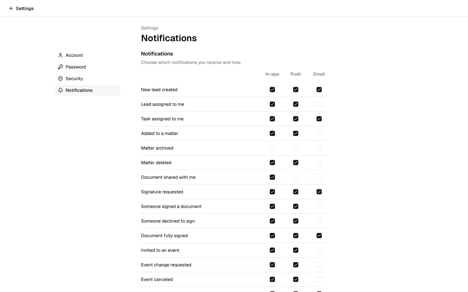 The Notifications page under Account, showing notification types with the In-app, Push, and Email toggles.