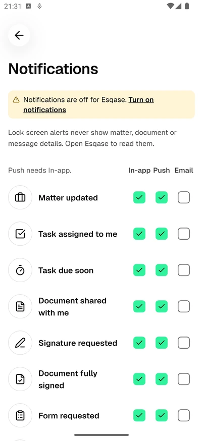 The Notifications screen in the Esqase Client app, showing the Notifications are off for Esqase banner with Turn on notifications, the line about lock screen alerts, and the In-app, Push and Email checkboxes for each kind of event.