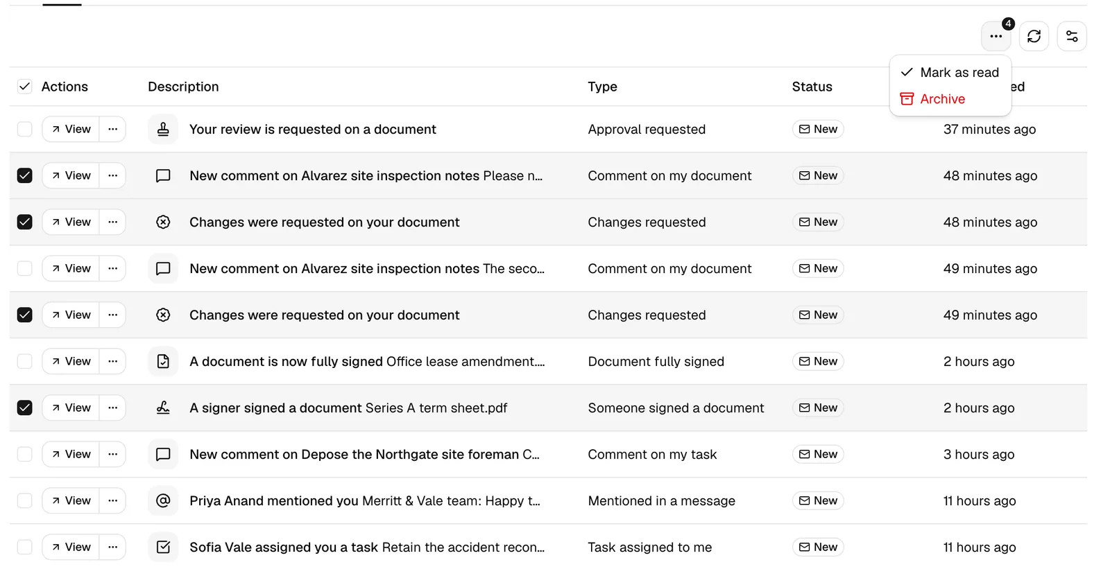 The Notifications page with several rows checked and the batch-actions menu open, showing Mark as read, Archive, and Delete.