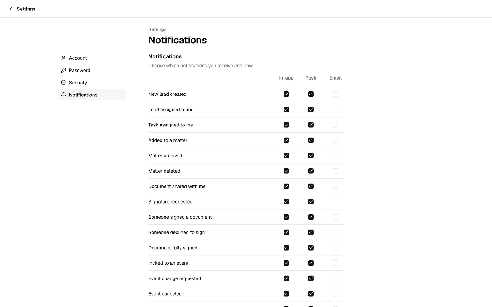 The Notifications page reached from the account navigation, showing the per-type notification toggles.