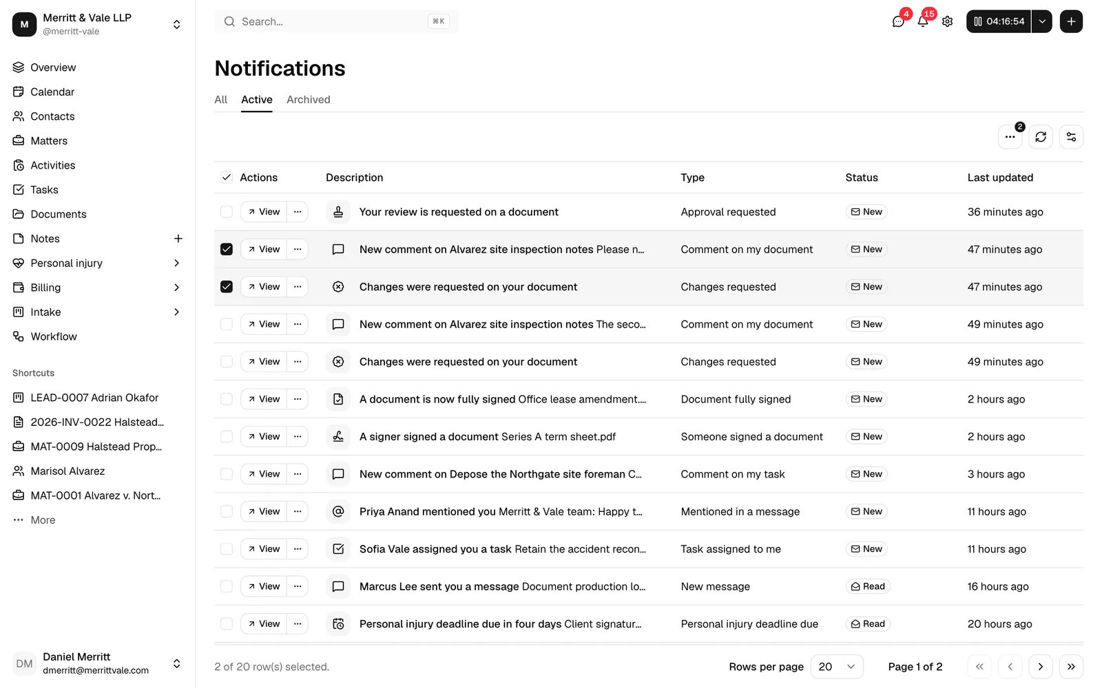 The full Notifications page showing the table with the All / Active / Archived tabs, the Description, Type, Status, and Last updated columns, and a couple of