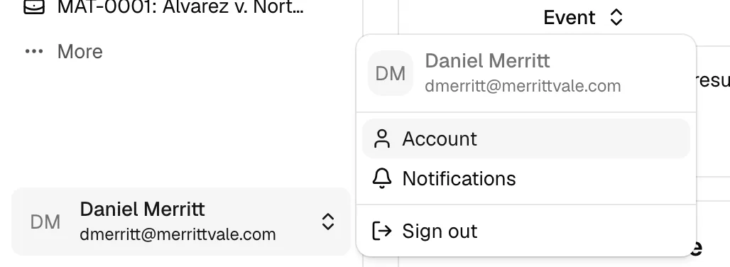 The user menu open in the bottom-left of the sidebar, with the Account item highlighted.