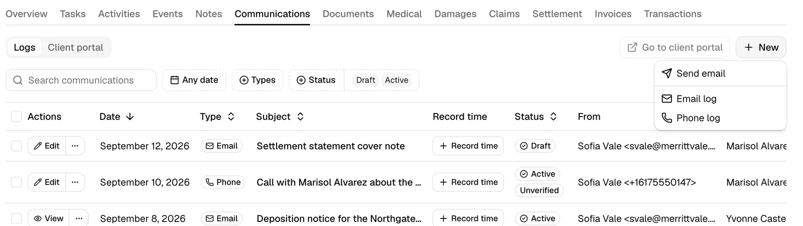 The matter Communications tab with the New dropdown open, showing Send email, Email log, and Phone log. Highlight the Send email item.
