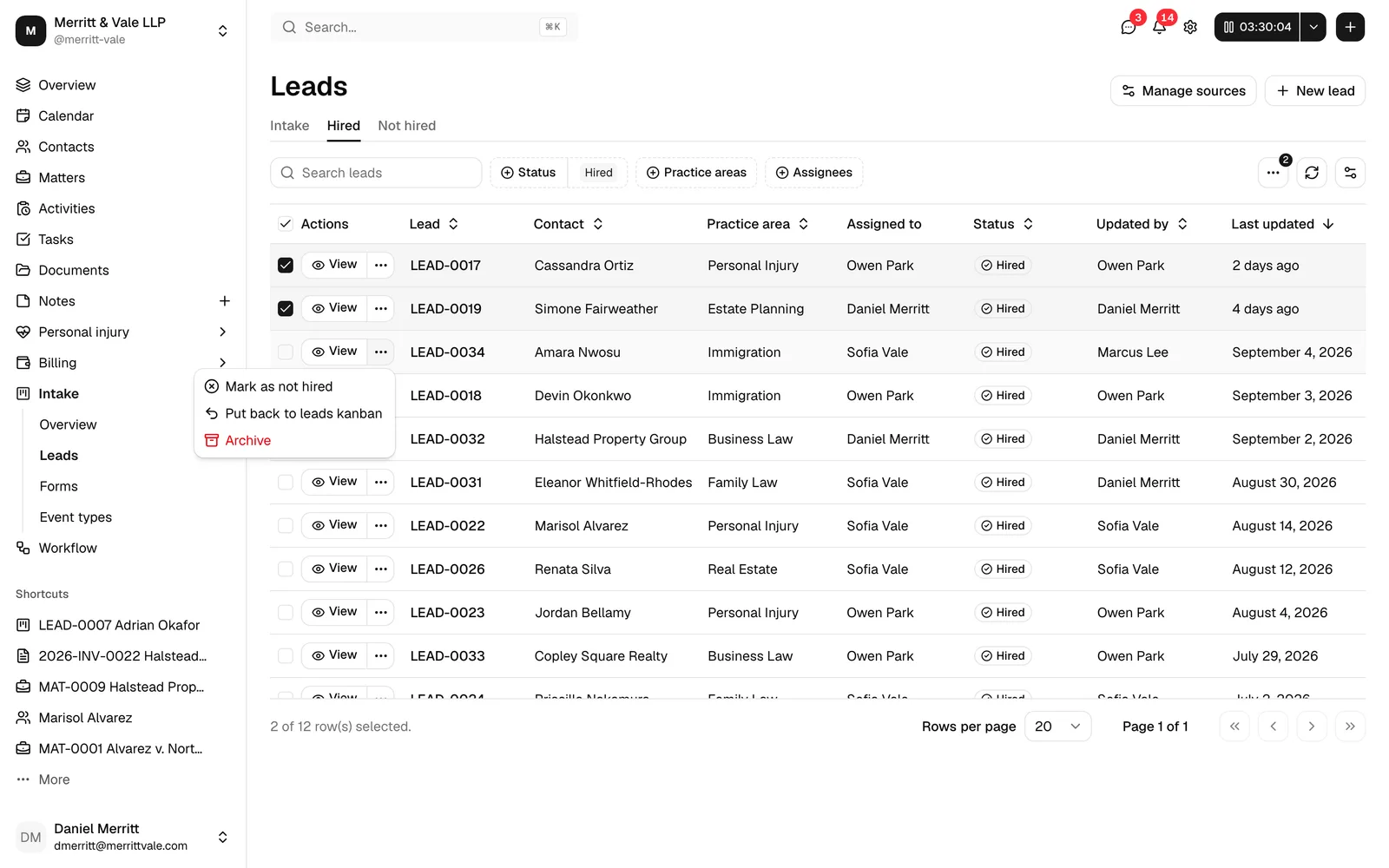 The Hired tab showing the leads table with the Status, Practice area, and Assigned to filters, a row's "..." menu open, and the batch actions control.