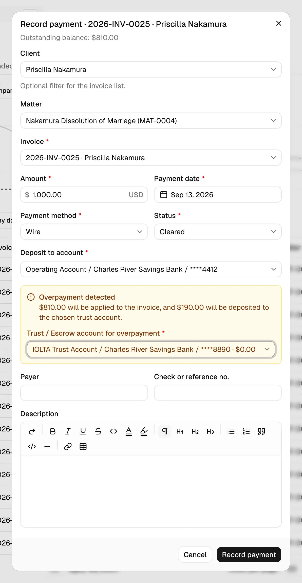 The payment form with an Amount higher than the outstanding balance, showing the amber Overpayment detected notice and the Trust / Escrow account for