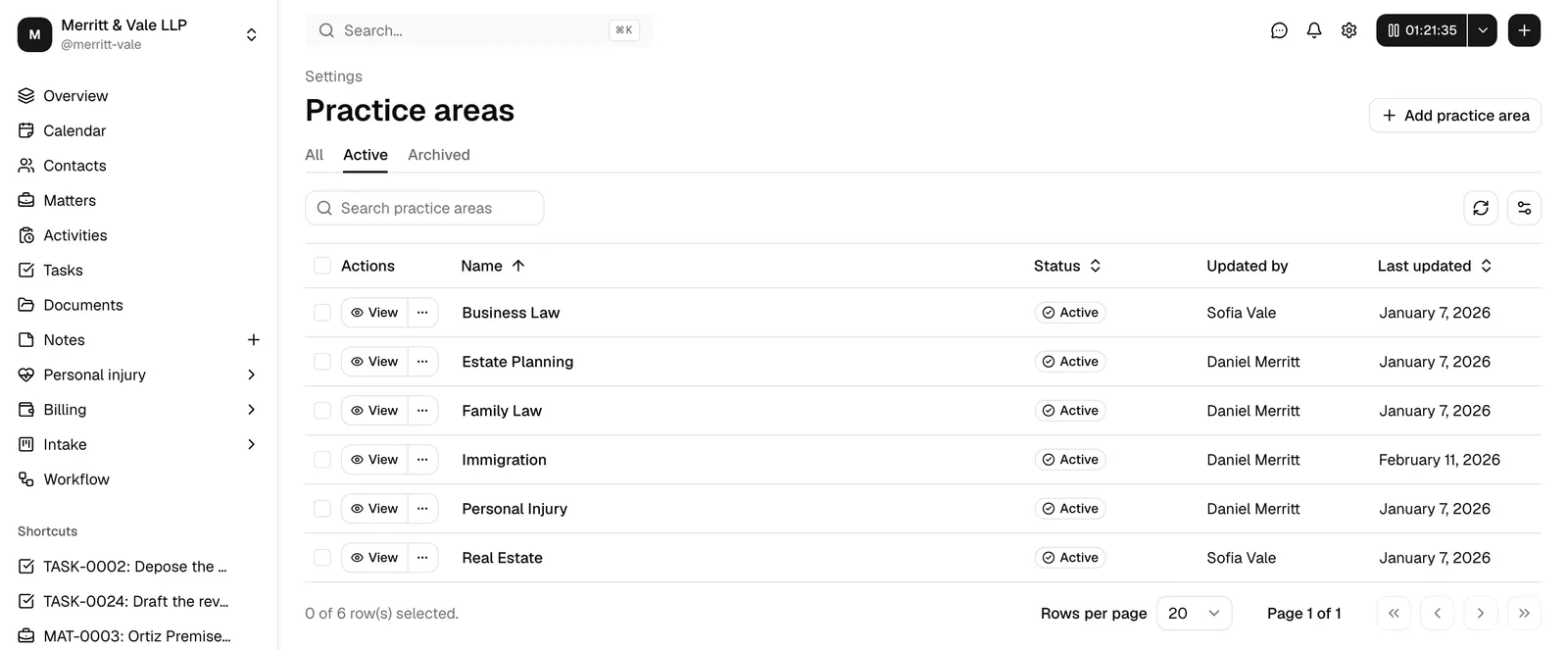 The Practice areas page showing the table of areas with the All / Active / Archived tabs and the Add practice area button highlighted.