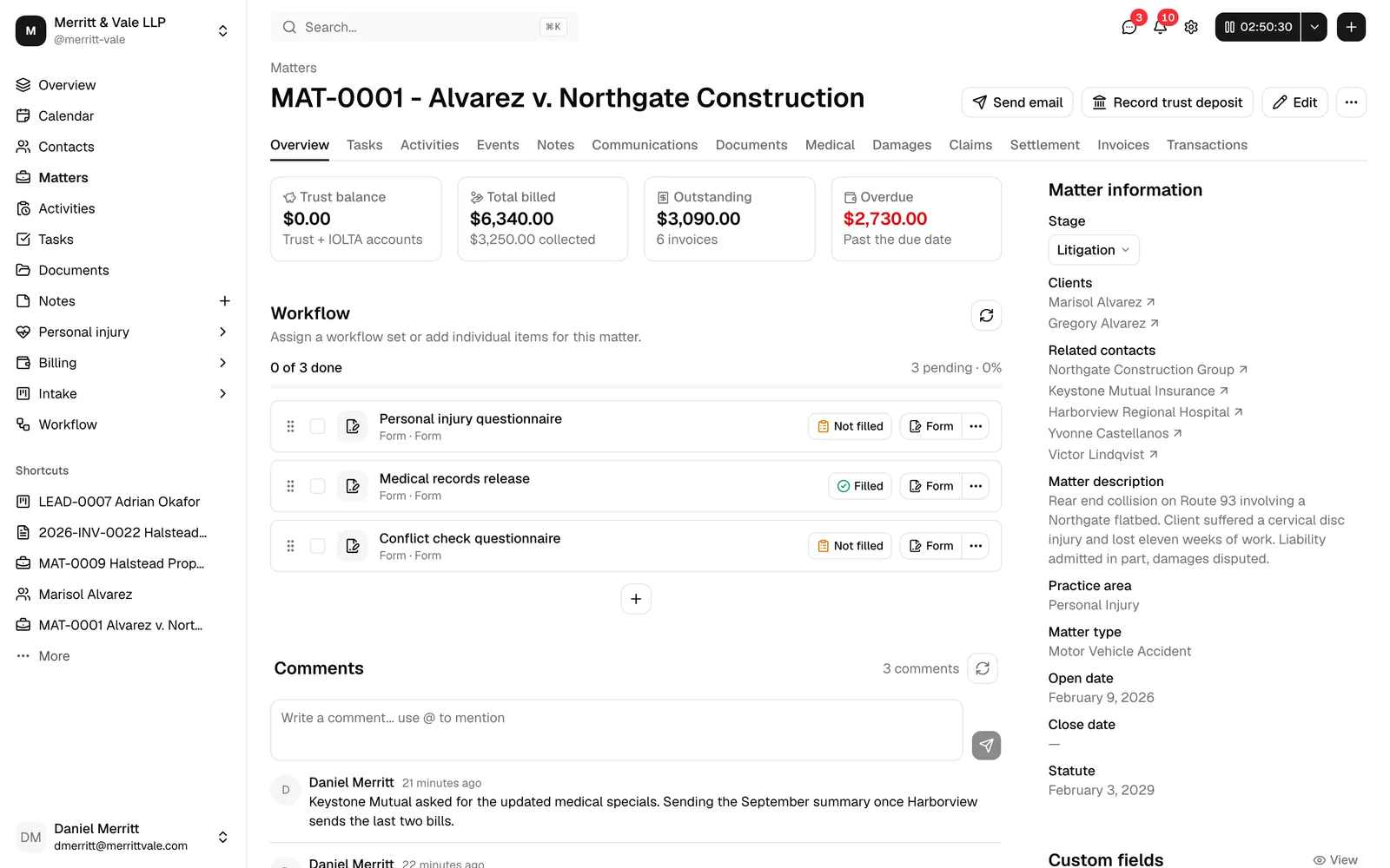 A matter workspace open on the Overview tab, showing the header with the matter number and title, the action buttons, the tab row, and the overview content